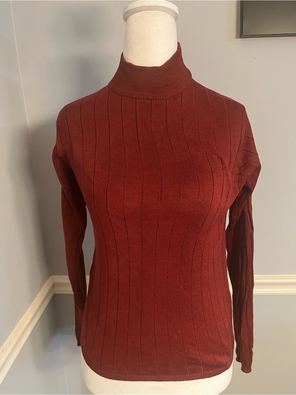Ribbed Mock Neck Sweater in Rust Red 100% silk